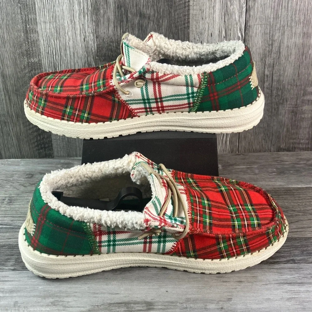 Hey Dude Wally Tri Y Tartan Plaid Red White Green Kids Loafers 43581-78Q Size J4